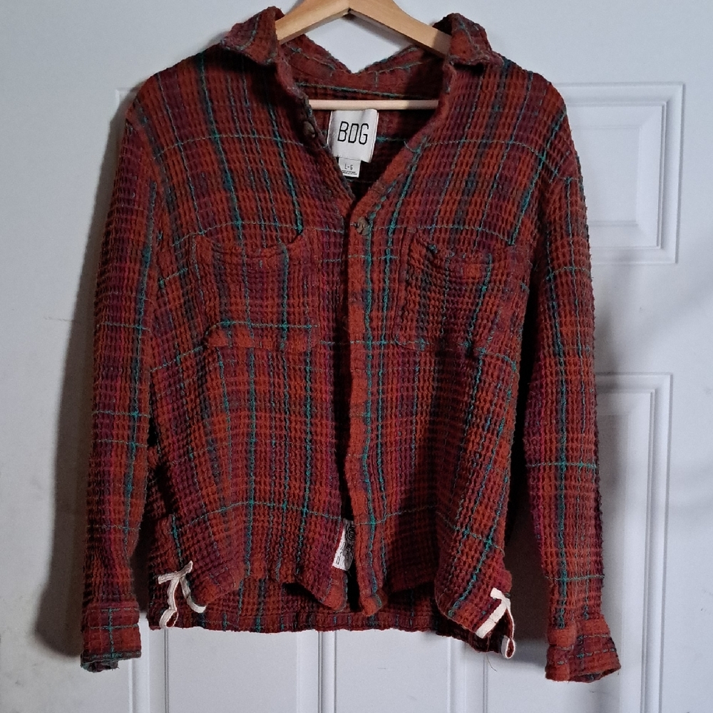 BDG Red and Green Textured Plaid Shirt